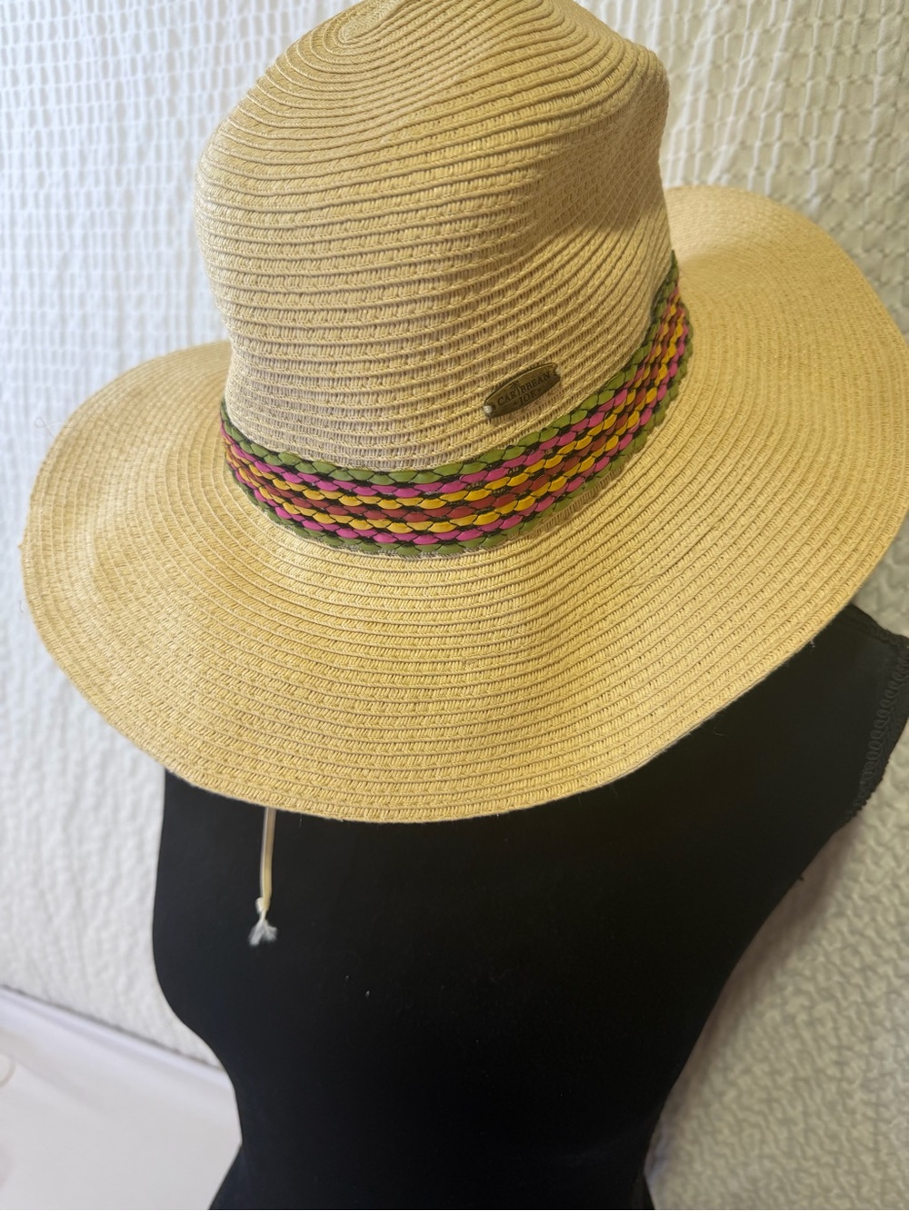 Caribbean Joe Straw Sun Hat with Pink & Green Braided Trim